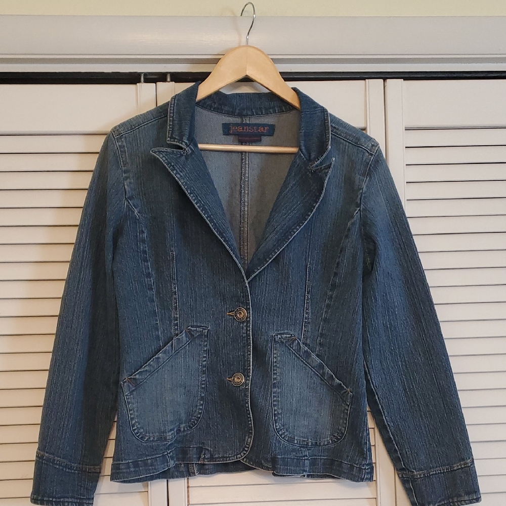 Jeanstar Denim Blazer Jean Jacket with Pockets, Size Large